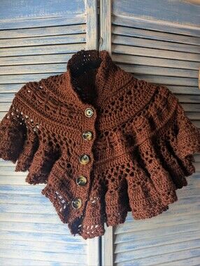 Handmade Crocheted Ruffle Capelet - Rich Brown